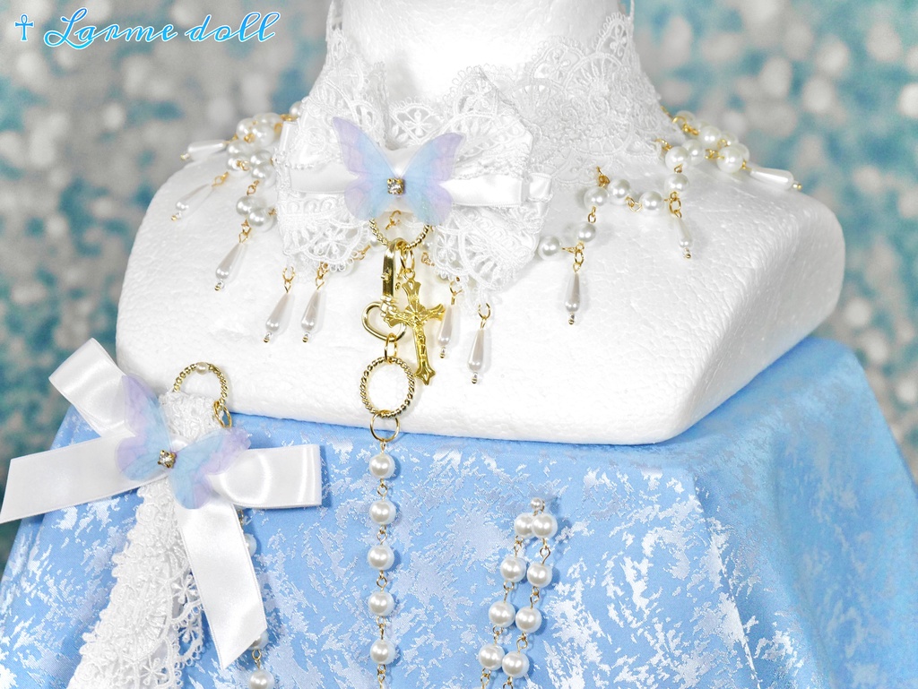 【受注生産】《☥》ロリィタリボンチョーカー リード有無変更可能 (ガラス製丸パールビーズタイプ)(カラー▷白)