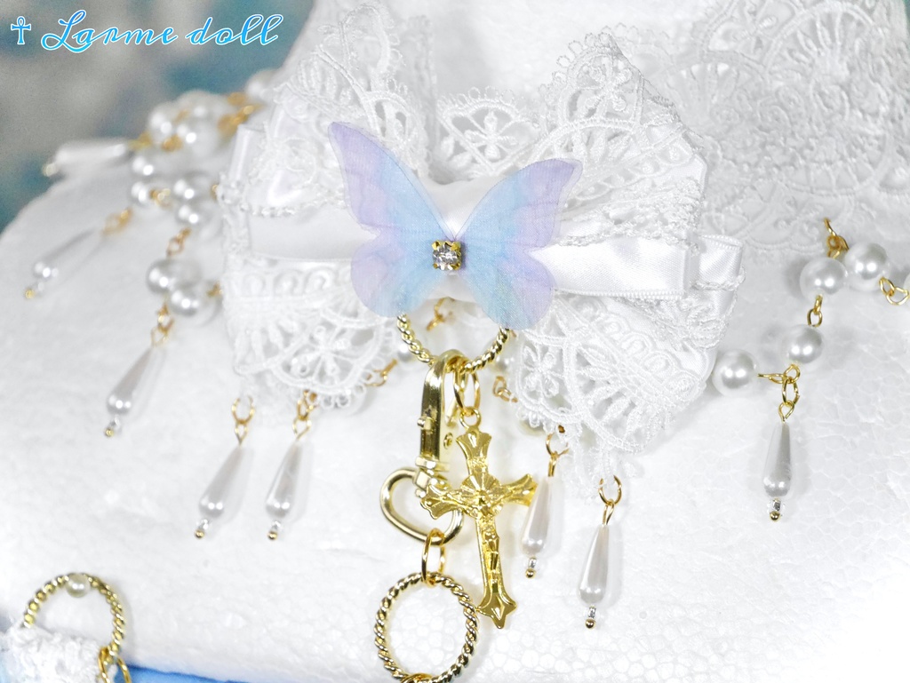 【受注生産】《☥》ロリィタリボンチョーカー リード有無変更可能 (ガラス製丸パールビーズタイプ)(カラー▷白)