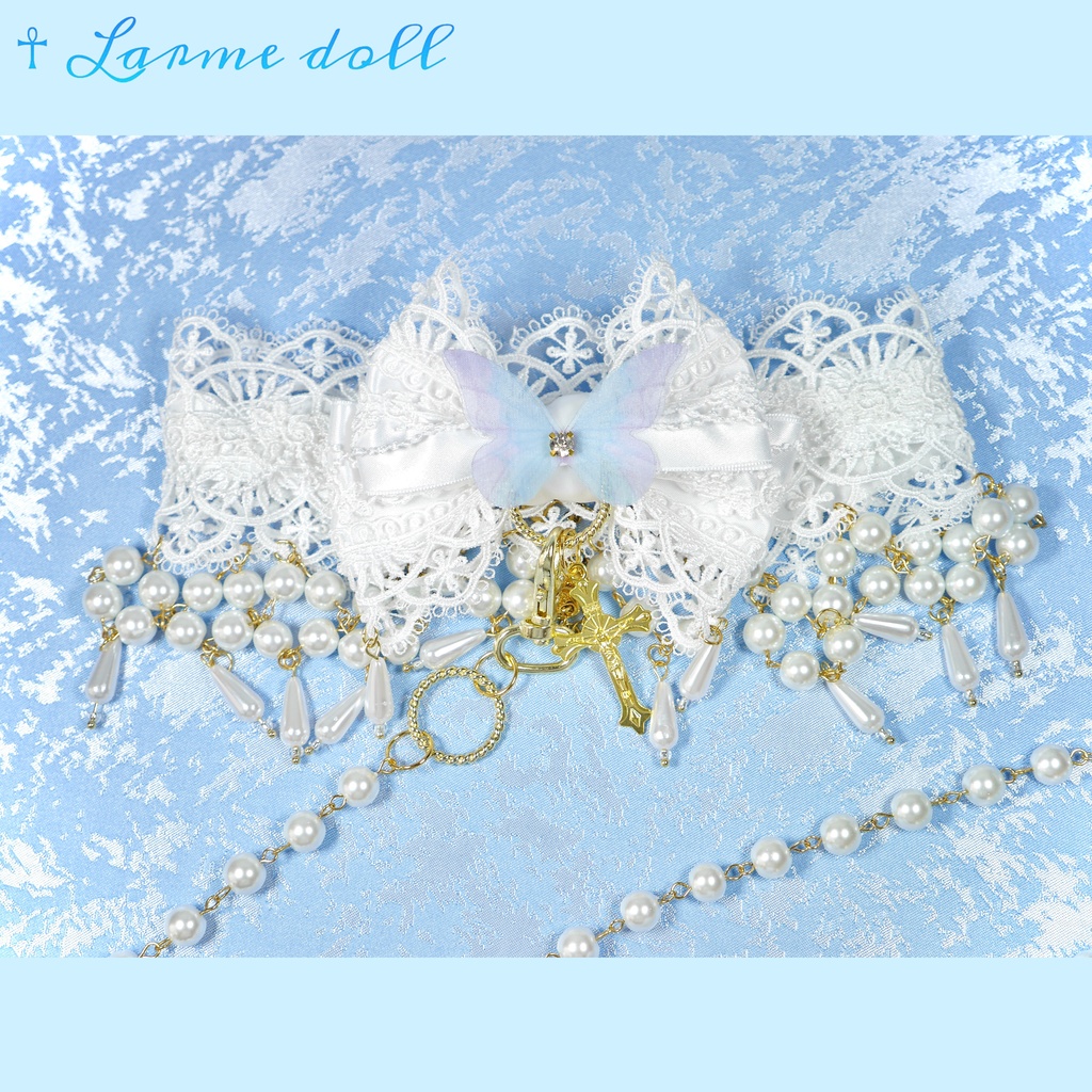 【受注生産】《☥》ロリィタリボンチョーカー リード有無変更可能 (ガラス製丸パールビーズタイプ)(カラー▷白)