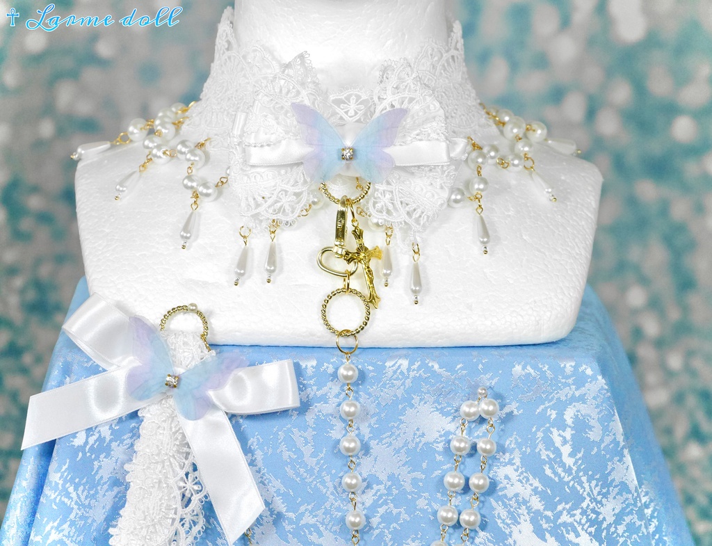 【受注生産】《☥》ロリィタリボンチョーカー リード有無変更可能 (ガラス製丸パールビーズタイプ)(カラー▷白)