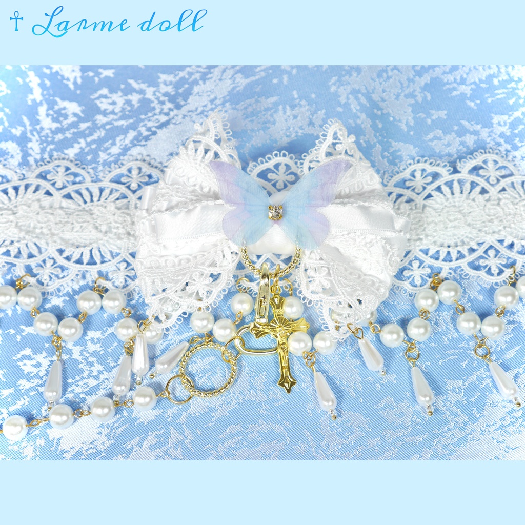 【受注生産】《☥》ロリィタリボンチョーカー リード有無変更可能 (ガラス製丸パールビーズタイプ)(カラー▷白)