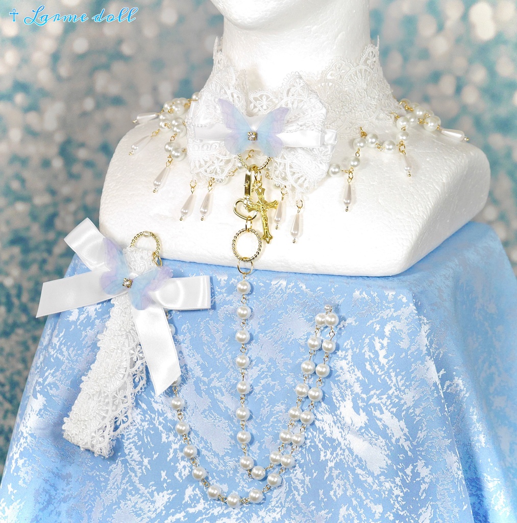 【受注生産】《☥》ロリィタリボンチョーカー リード有無変更可能 (ガラス製丸パールビーズタイプ)(カラー▷白)