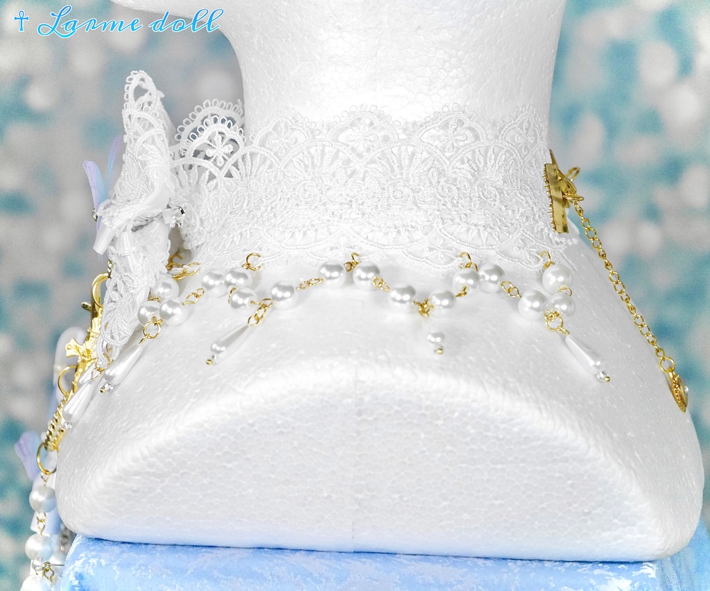 【受注生産】《☥》ロリィタリボンチョーカー リード有無変更可能 (ガラス製丸パールビーズタイプ)(カラー▷白)