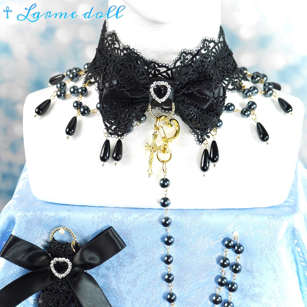 【受注生産】《☥》ロリィタリボンチョーカー リード有無変更可能 (ガラス製丸パールビーズタイプ)(カラー▷黒)