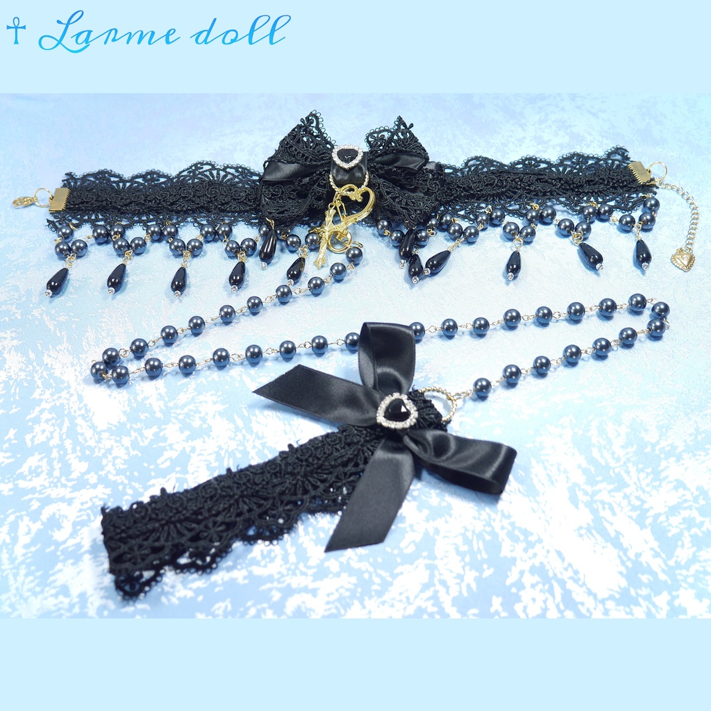【受注生産】《☥》ロリィタリボンチョーカー リード有無変更可能 (ガラス製丸パールビーズタイプ)(カラー▷黒)