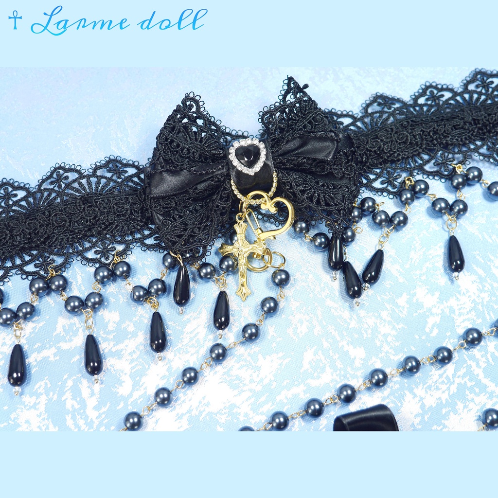 【受注生産】《☥》ロリィタリボンチョーカー リード有無変更可能 (ガラス製丸パールビーズタイプ)(カラー▷黒)