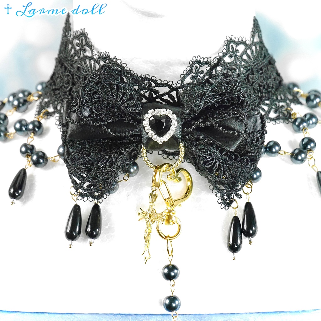 【受注生産】《☥》ロリィタリボンチョーカー リード有無変更可能 (ガラス製丸パールビーズタイプ)(カラー▷黒)