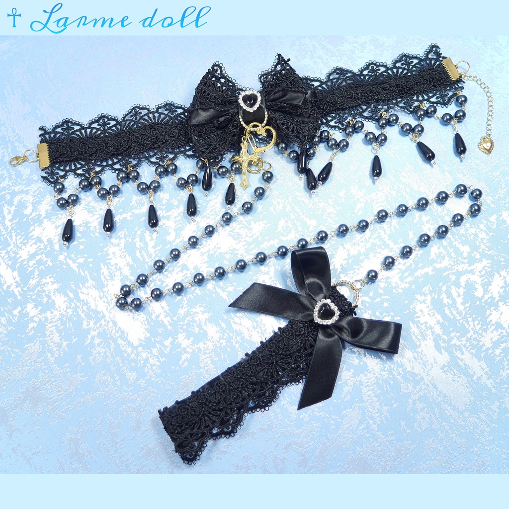 【受注生産】《☥》ロリィタリボンチョーカー リード有無変更可能 (ガラス製丸パールビーズタイプ)(カラー▷黒)