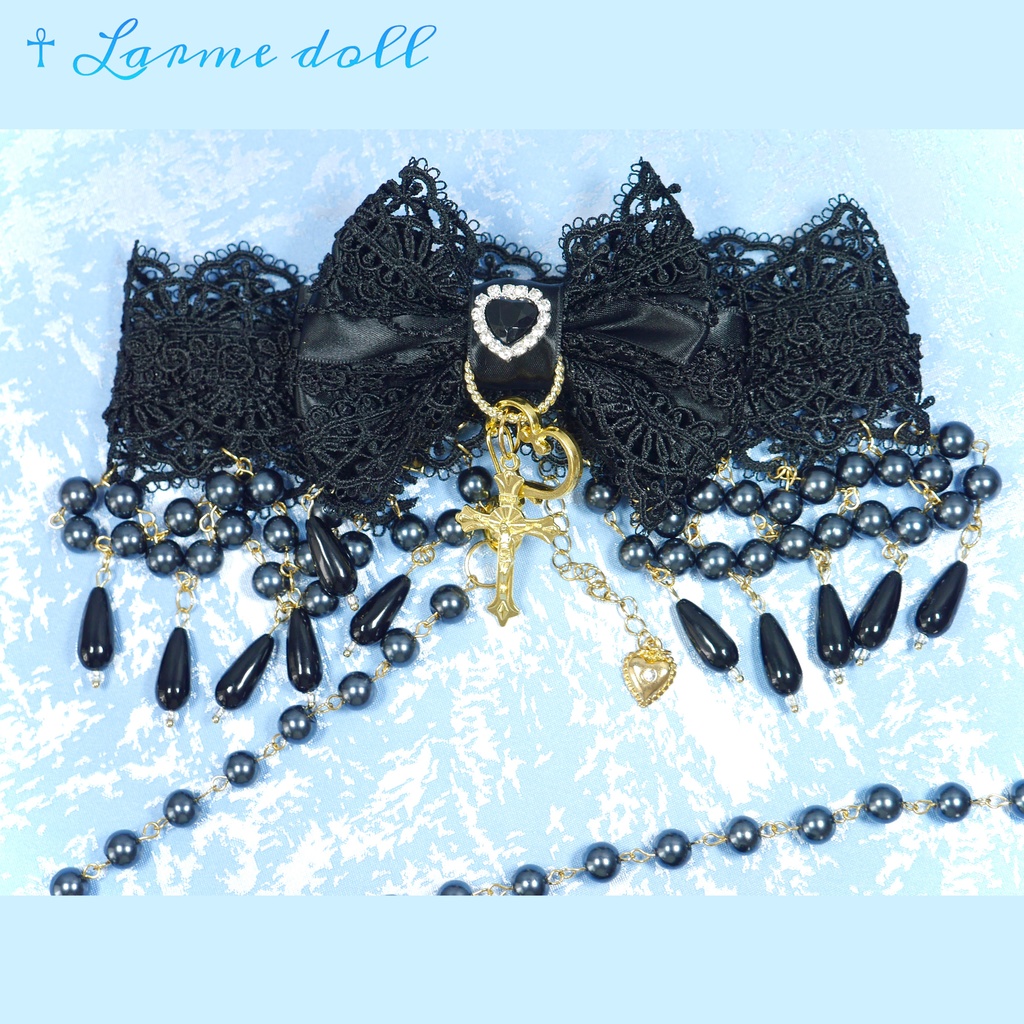 【受注生産】《☥》ロリィタリボンチョーカー リード有無変更可能 (ガラス製丸パールビーズタイプ)(カラー▷黒)