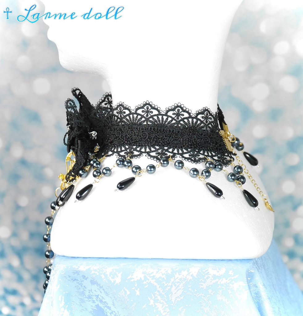 【受注生産】《☥》ロリィタリボンチョーカー リード有無変更可能 (ガラス製丸パールビーズタイプ)(カラー▷黒)