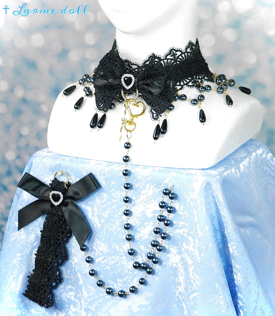 【受注生産】《☥》ロリィタリボンチョーカー リード有無変更可能 (ガラス製丸パールビーズタイプ)(カラー▷黒)