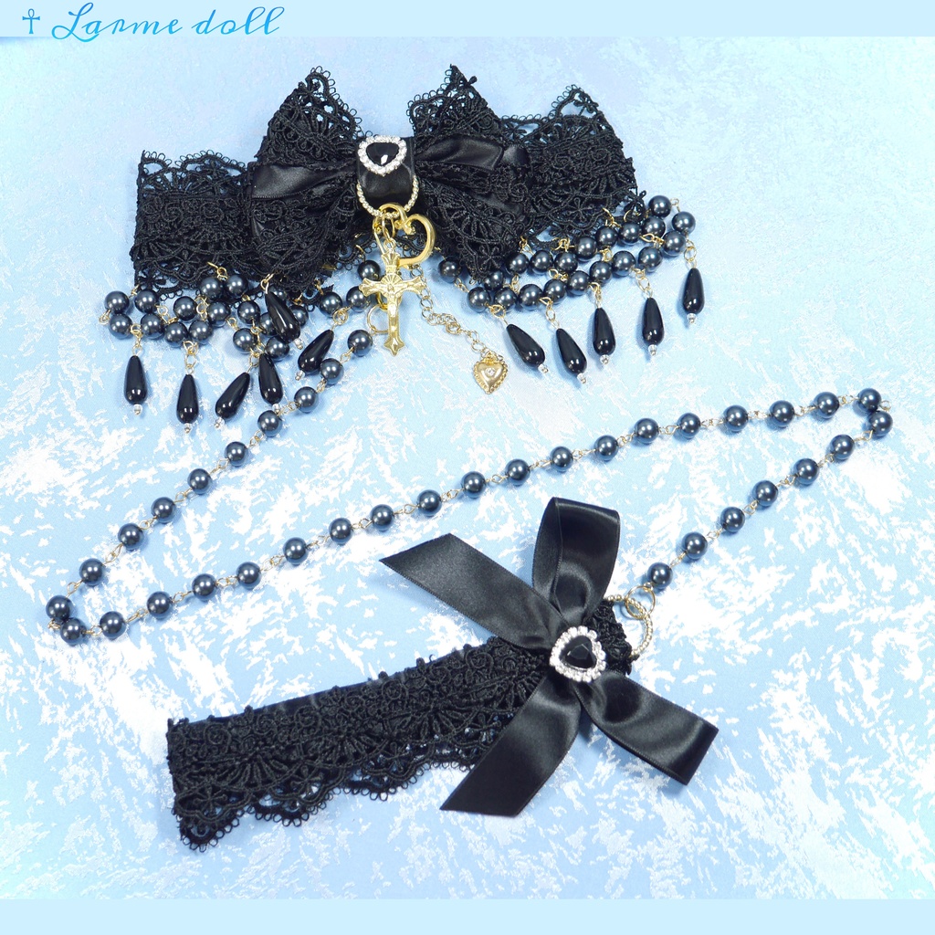 【受注生産】《☥》ロリィタリボンチョーカー リード有無変更可能 (ガラス製丸パールビーズタイプ)(カラー▷黒)