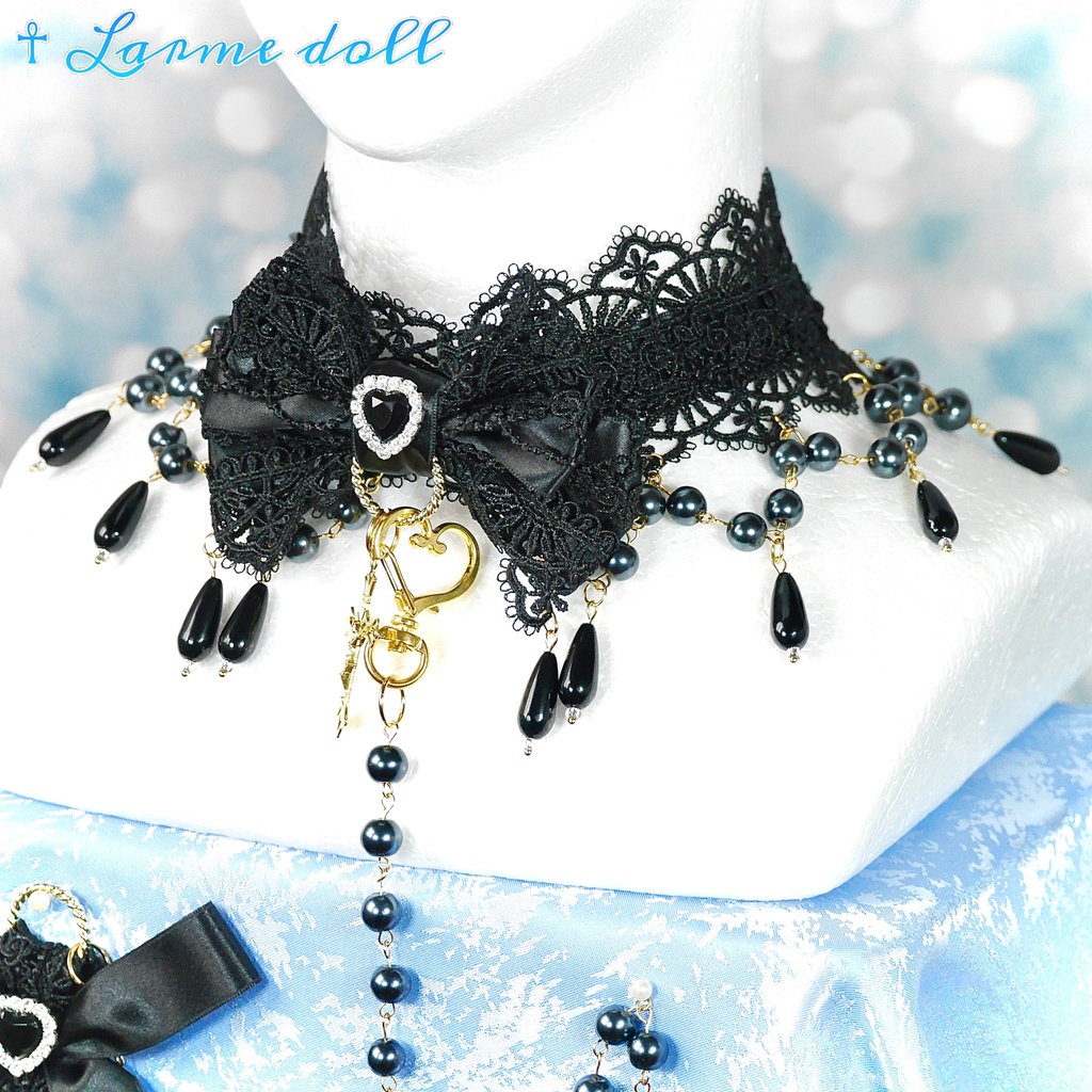 【受注生産】《☥》ロリィタリボンチョーカー リード有無変更可能 (ガラス製丸パールビーズタイプ)(カラー▷黒)