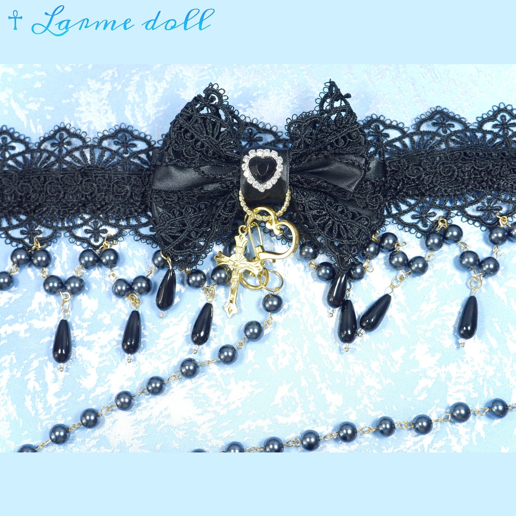 【受注生産】《☥》ロリィタリボンチョーカー リード有無変更可能 (ガラス製丸パールビーズタイプ)(カラー▷黒)