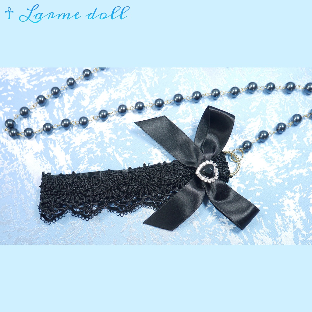 【受注生産】《☥》ロリィタリボンチョーカー リード有無変更可能 (ガラス製丸パールビーズタイプ)(カラー▷黒)