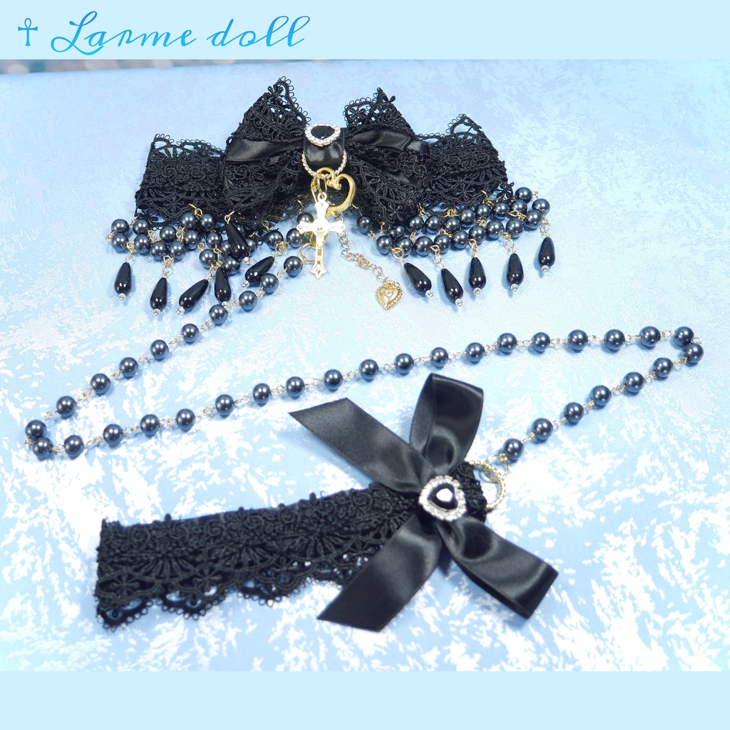 【受注生産】《☥》ロリィタリボンチョーカー リード有無変更可能 (ガラス製丸パールビーズタイプ)(カラー▷黒)