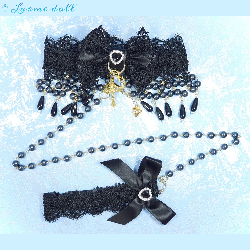【受注生産】《☥》ロリィタリボンチョーカー リード有無変更可能 (ガラス製丸パールビーズタイプ)(カラー▷黒)