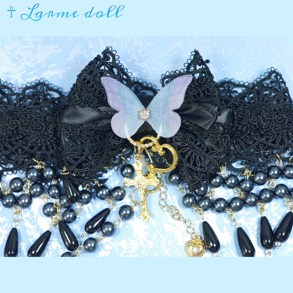 【受注生産】《☥》ロリィタリボンチョーカー リード有無変更可能 (ガラス製丸パールビーズタイプ)(カラー▷黒)