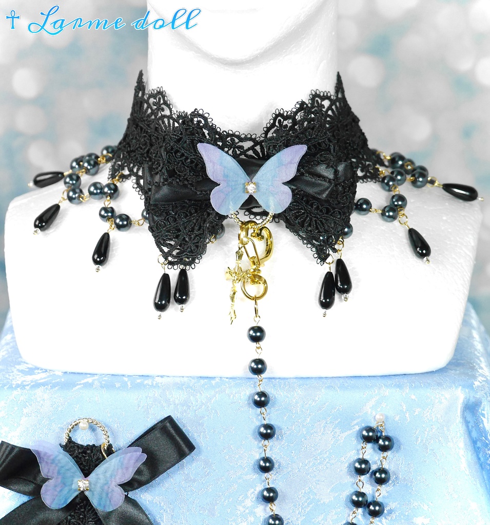 【受注生産】《☥》ロリィタリボンチョーカー リード有無変更可能 (ガラス製丸パールビーズタイプ)(カラー▷黒)