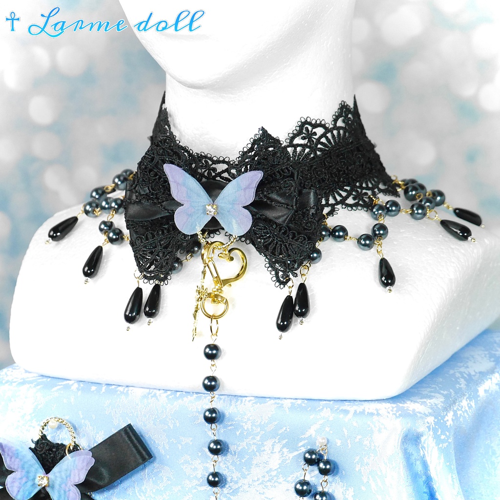 【受注生産】《☥》ロリィタリボンチョーカー リード有無変更可能 (ガラス製丸パールビーズタイプ)(カラー▷黒)