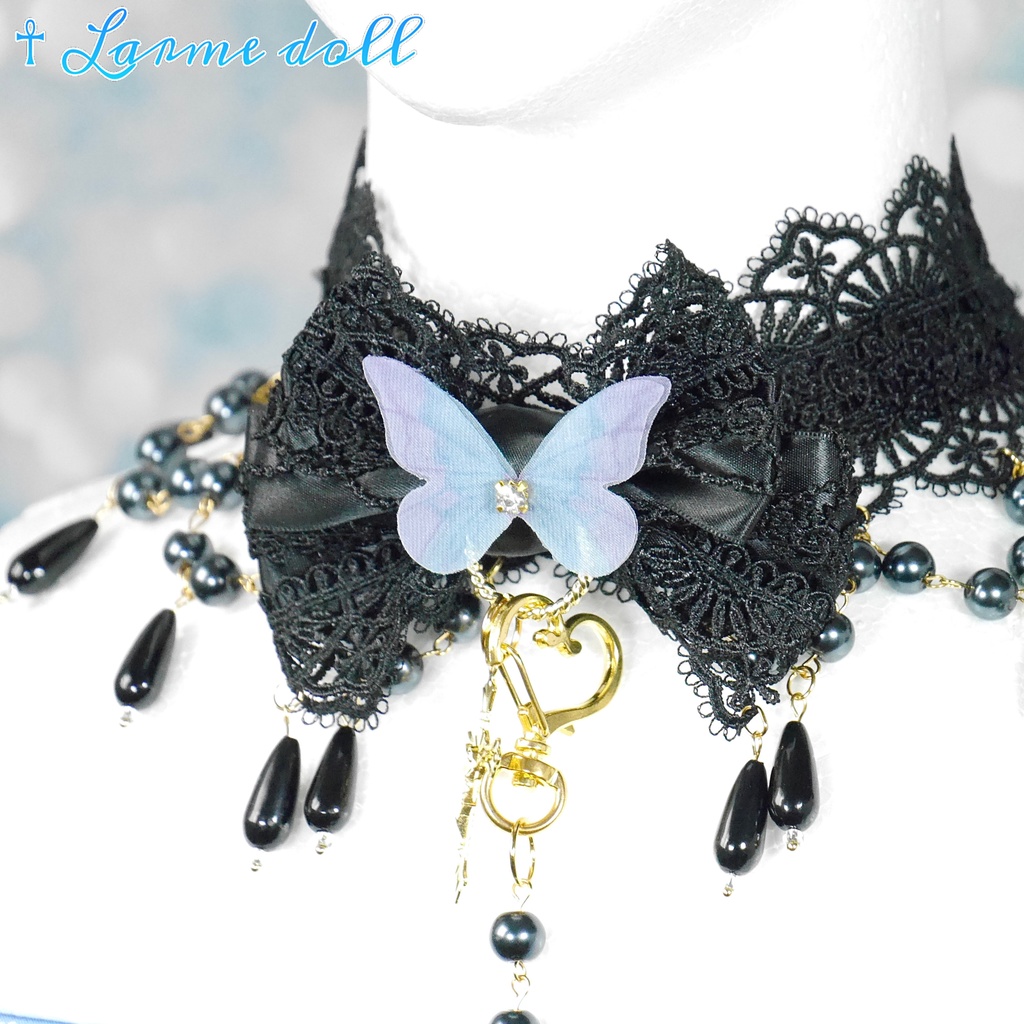 【受注生産】《☥》ロリィタリボンチョーカー リード有無変更可能 (ガラス製丸パールビーズタイプ)(カラー▷黒)