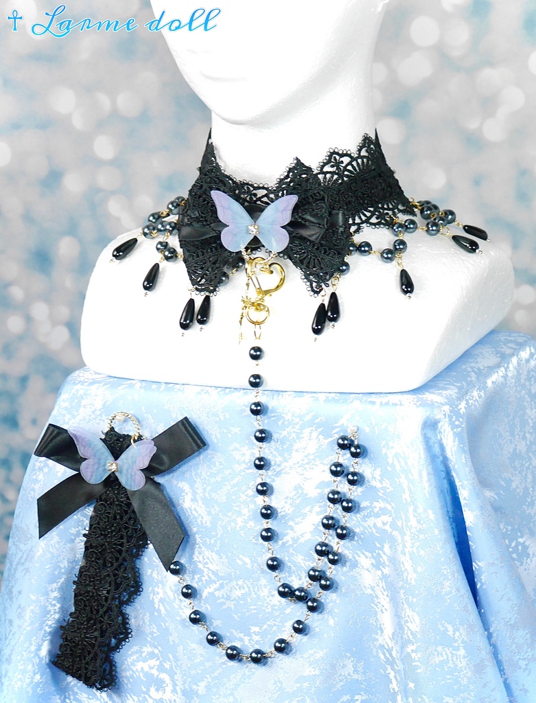 【受注生産】《☥》ロリィタリボンチョーカー リード有無変更可能 (ガラス製丸パールビーズタイプ)(カラー▷黒)