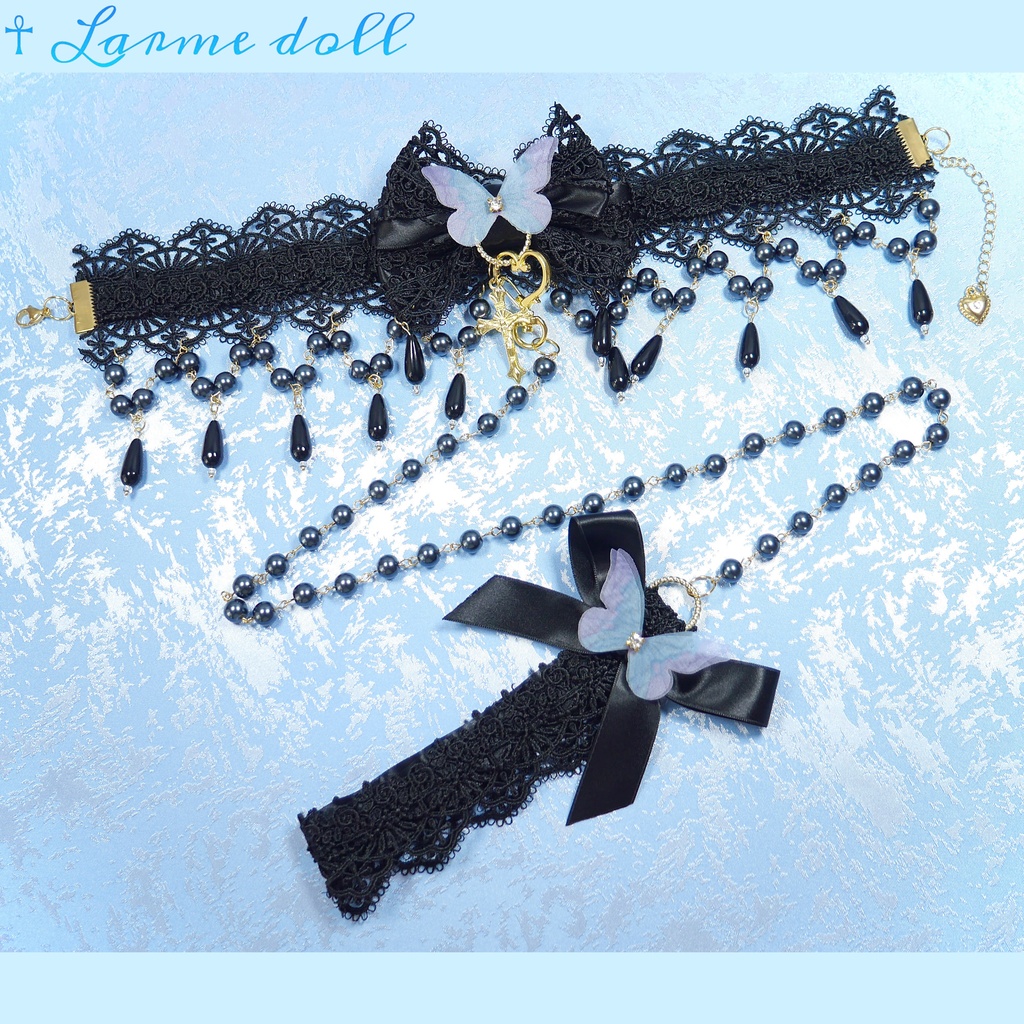 【受注生産】《☥》ロリィタリボンチョーカー リード有無変更可能 (ガラス製丸パールビーズタイプ)(カラー▷黒)