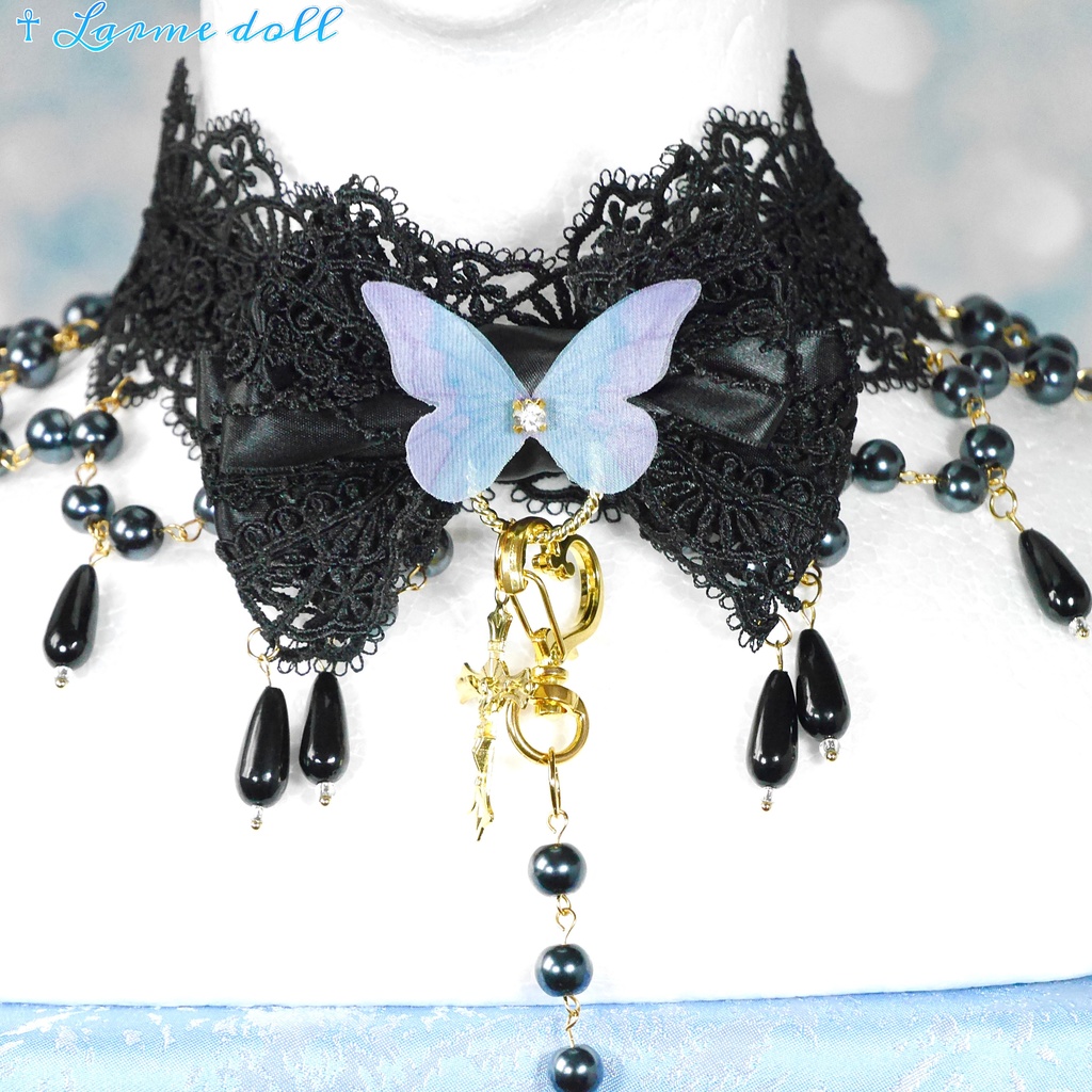 【受注生産】《☥》ロリィタリボンチョーカー リード有無変更可能 (ガラス製丸パールビーズタイプ)(カラー▷黒)