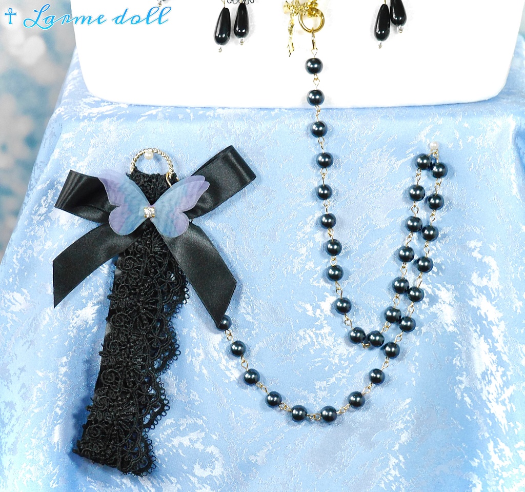 【受注生産】《☥》ロリィタリボンチョーカー リード有無変更可能 (ガラス製丸パールビーズタイプ)(カラー▷黒)