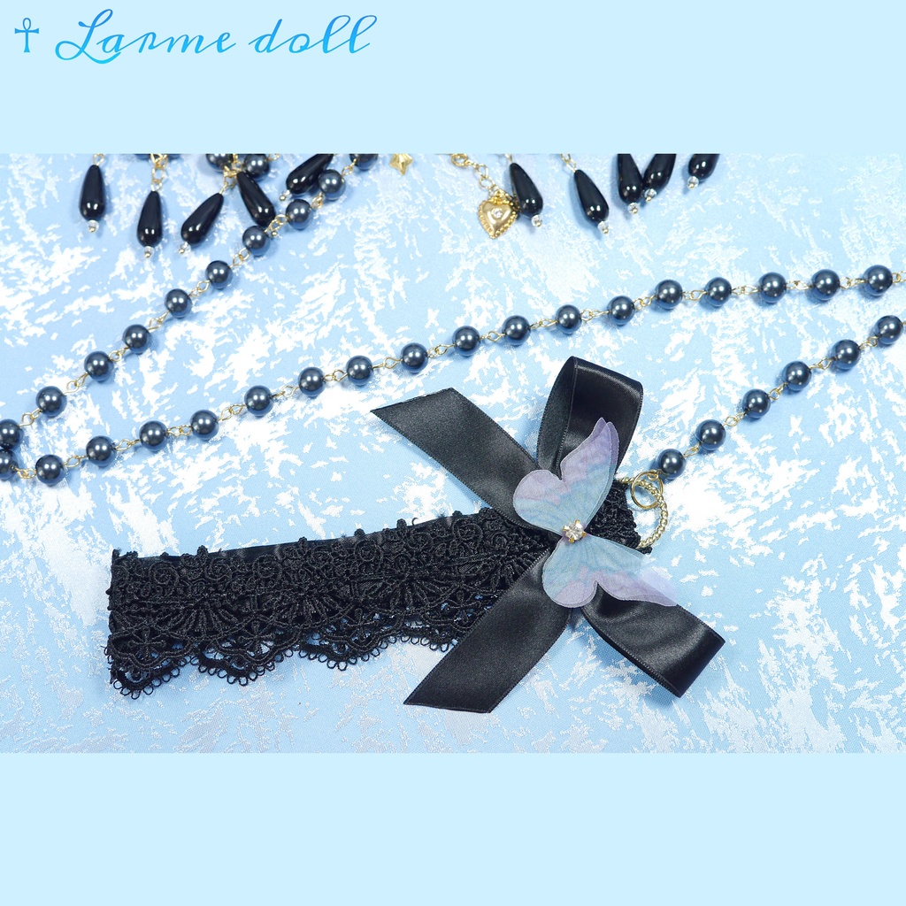 【受注生産】《☥》ロリィタリボンチョーカー リード有無変更可能 (ガラス製丸パールビーズタイプ)(カラー▷黒)