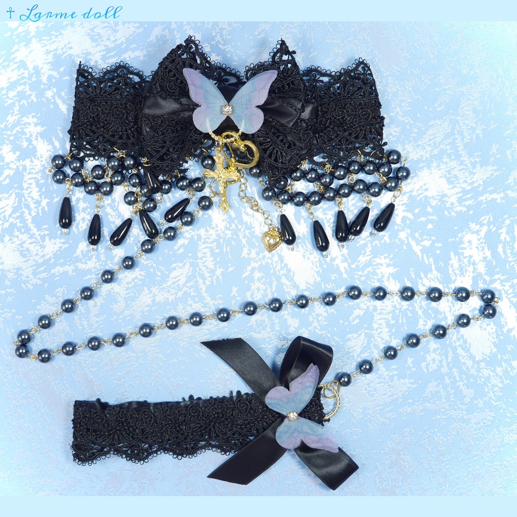 【受注生産】《☥》ロリィタリボンチョーカー リード有無変更可能 (ガラス製丸パールビーズタイプ)(カラー▷黒)