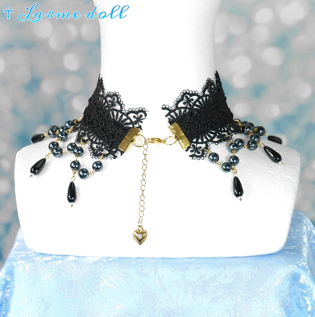 【受注生産】《☥》ロリィタリボンチョーカー リード有無変更可能 (ガラス製丸パールビーズタイプ)(カラー▷黒)