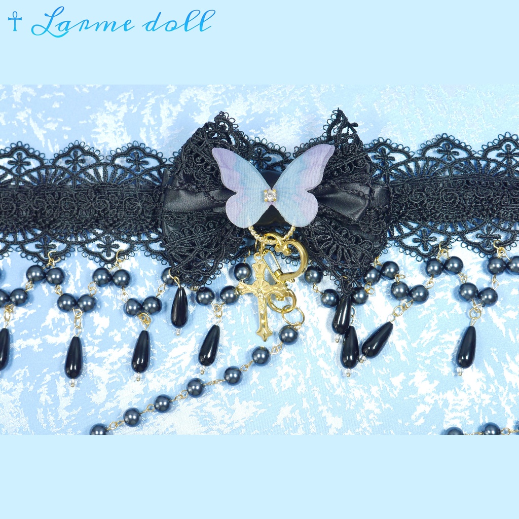 【受注生産】《☥》ロリィタリボンチョーカー リード有無変更可能 (ガラス製丸パールビーズタイプ)(カラー▷黒)