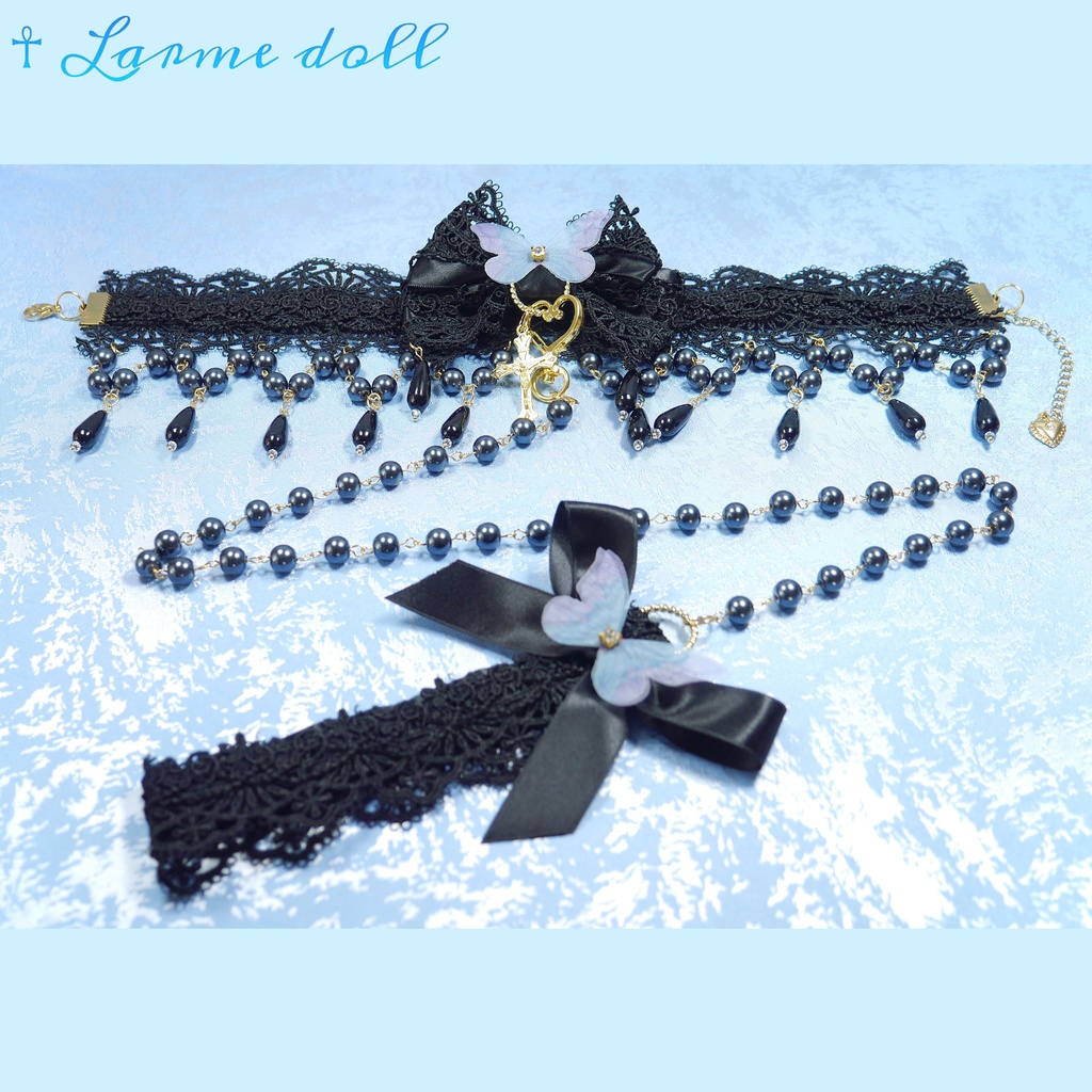 【受注生産】《☥》ロリィタリボンチョーカー リード有無変更可能 (ガラス製丸パールビーズタイプ)(カラー▷黒)