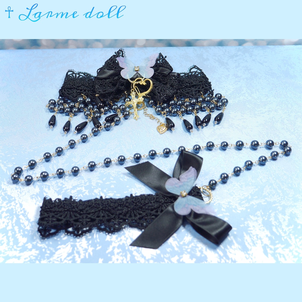 【受注生産】《☥》ロリィタリボンチョーカー リード有無変更可能 (ガラス製丸パールビーズタイプ)(カラー▷黒)