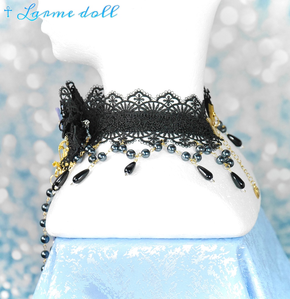 【受注生産】《☥》ロリィタリボンチョーカー リード有無変更可能 (ガラス製丸パールビーズタイプ)(カラー▷黒)