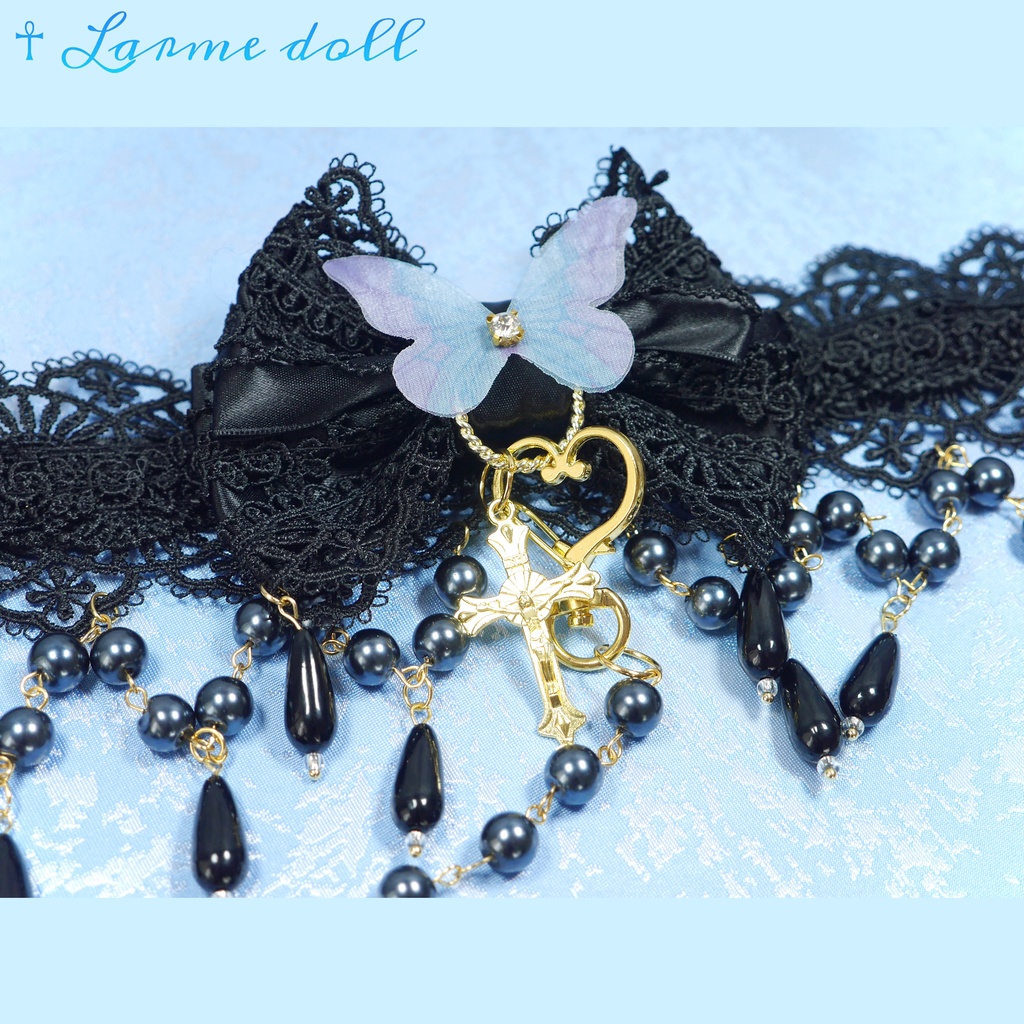 【受注生産】《☥》ロリィタリボンチョーカー リード有無変更可能 (ガラス製丸パールビーズタイプ)(カラー▷黒)