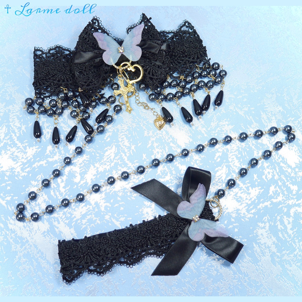 【受注生産】《☥》ロリィタリボンチョーカー リード有無変更可能 (ガラス製丸パールビーズタイプ)(カラー▷黒)
