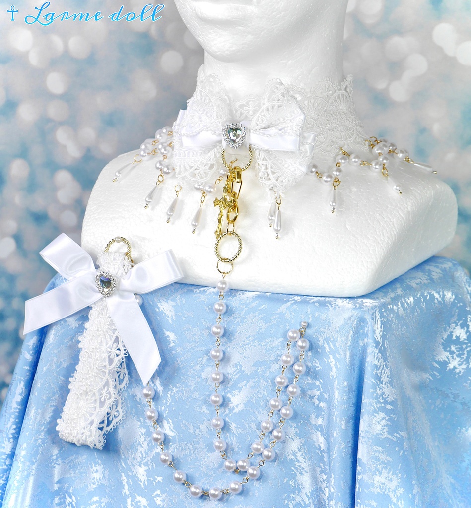 【受注生産】《☥》ロリィタリボンチョーカー リード有無変更可能 (アクリル製丸パールビーズタイプ)(カラー▷白)