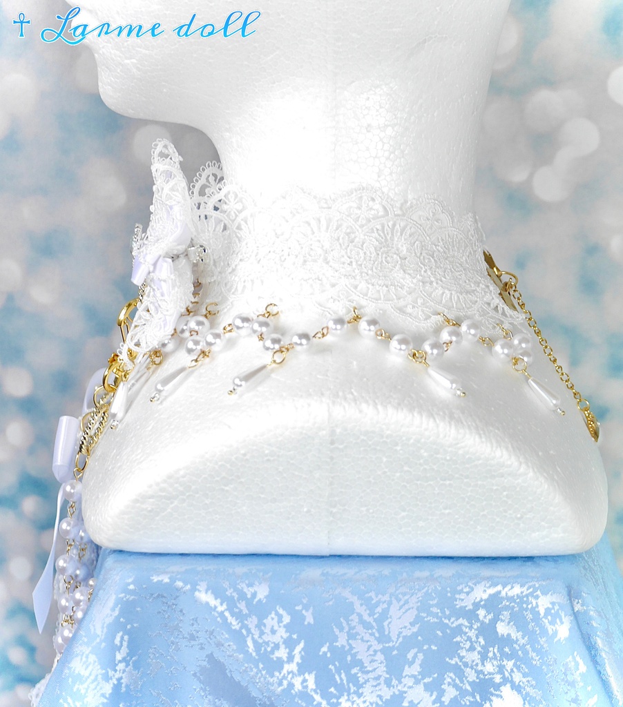 【受注生産】《☥》ロリィタリボンチョーカー リード有無変更可能 (アクリル製丸パールビーズタイプ)(カラー▷白)