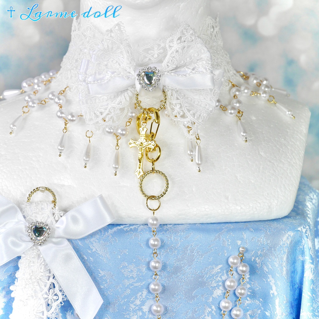 【受注生産】《☥》ロリィタリボンチョーカー リード有無変更可能 (アクリル製丸パールビーズタイプ)(カラー▷白)