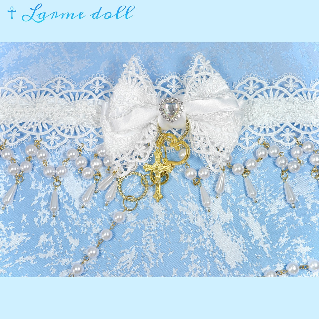 【受注生産】《☥》ロリィタリボンチョーカー リード有無変更可能 (アクリル製丸パールビーズタイプ)(カラー▷白)