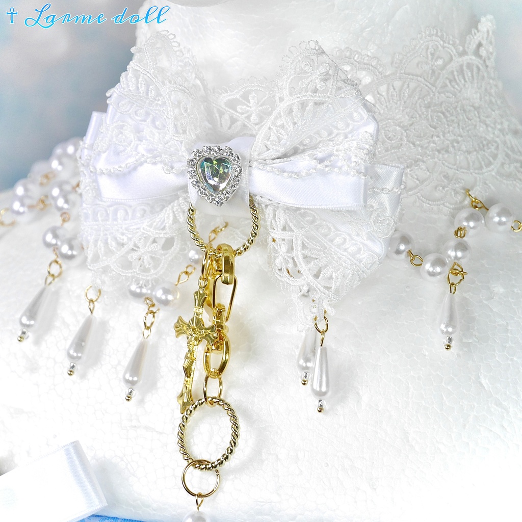 【受注生産】《☥》ロリィタリボンチョーカー リード有無変更可能 (アクリル製丸パールビーズタイプ)(カラー▷白)