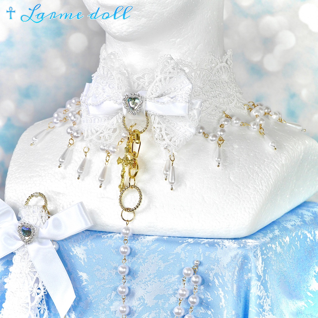 【受注生産】《☥》ロリィタリボンチョーカー リード有無変更可能 (アクリル製丸パールビーズタイプ)(カラー▷白)