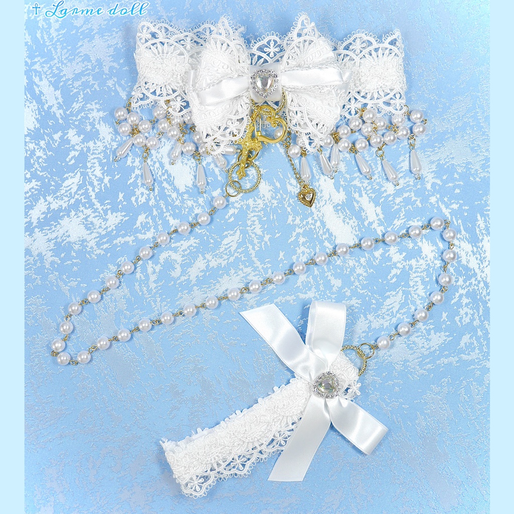 【受注生産】《☥》ロリィタリボンチョーカー リード有無変更可能 (アクリル製丸パールビーズタイプ)(カラー▷白)