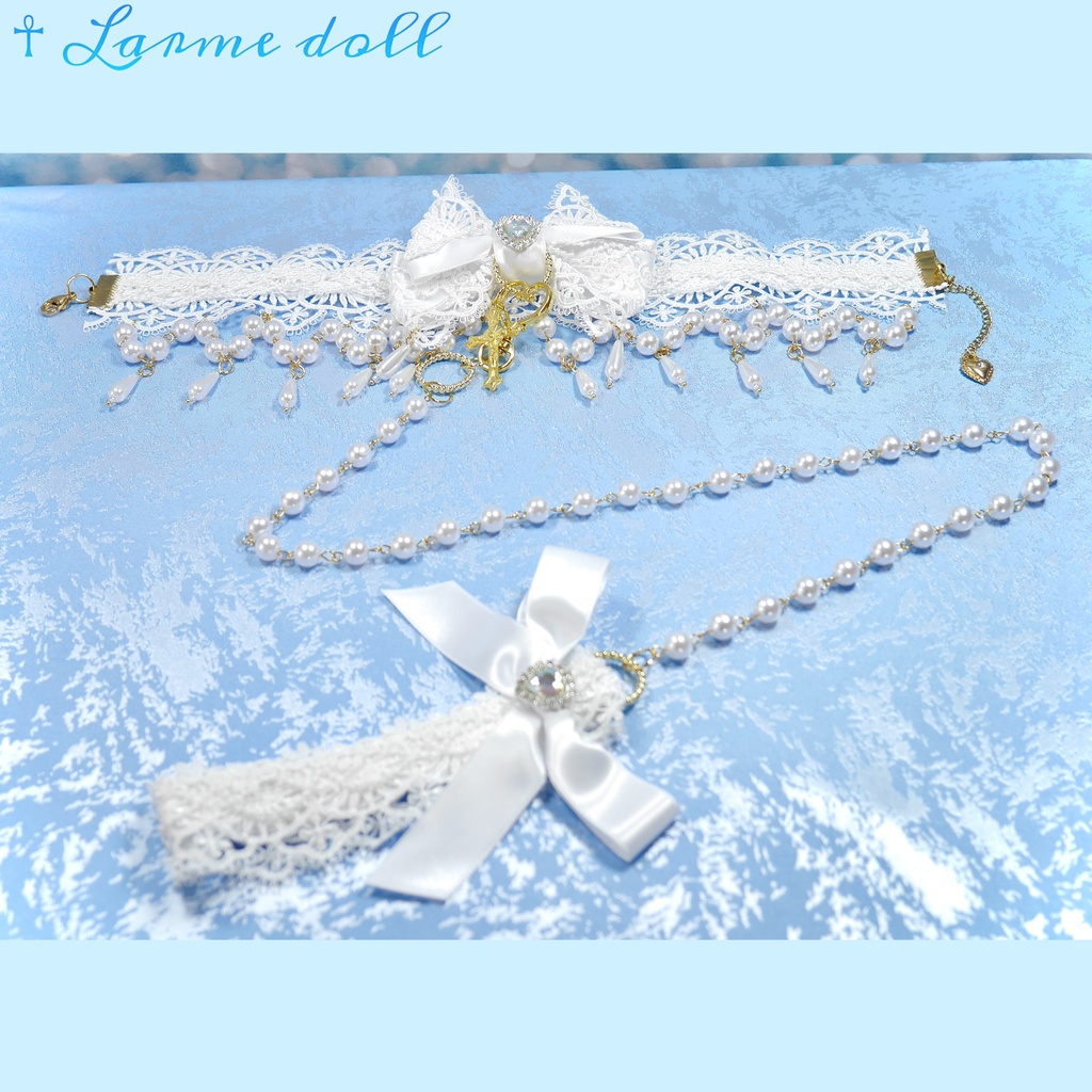 【受注生産】《☥》ロリィタリボンチョーカー リード有無変更可能 (アクリル製丸パールビーズタイプ)(カラー▷白)