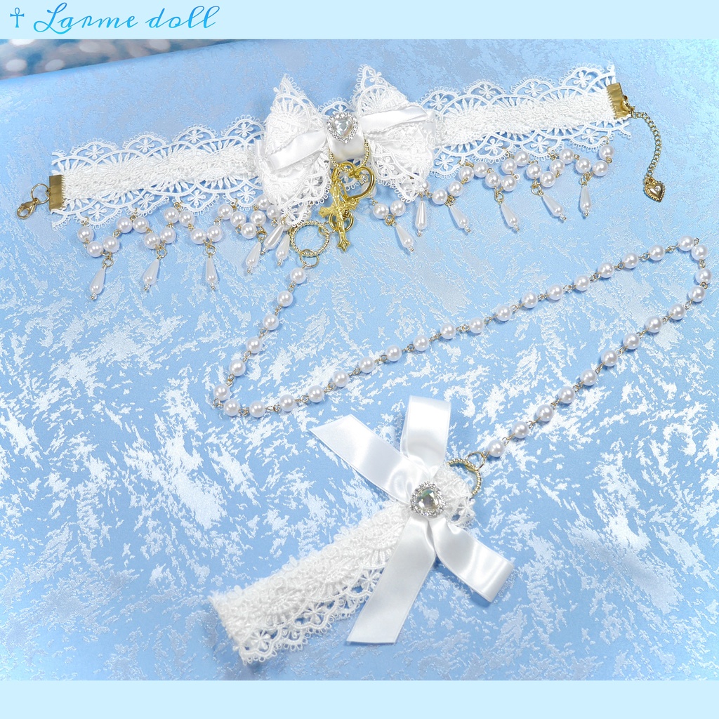 【受注生産】《☥》ロリィタリボンチョーカー リード有無変更可能 (アクリル製丸パールビーズタイプ)(カラー▷白)