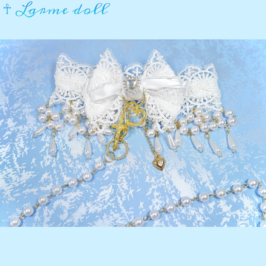 【受注生産】《☥》ロリィタリボンチョーカー リード有無変更可能 (アクリル製丸パールビーズタイプ)(カラー▷白)