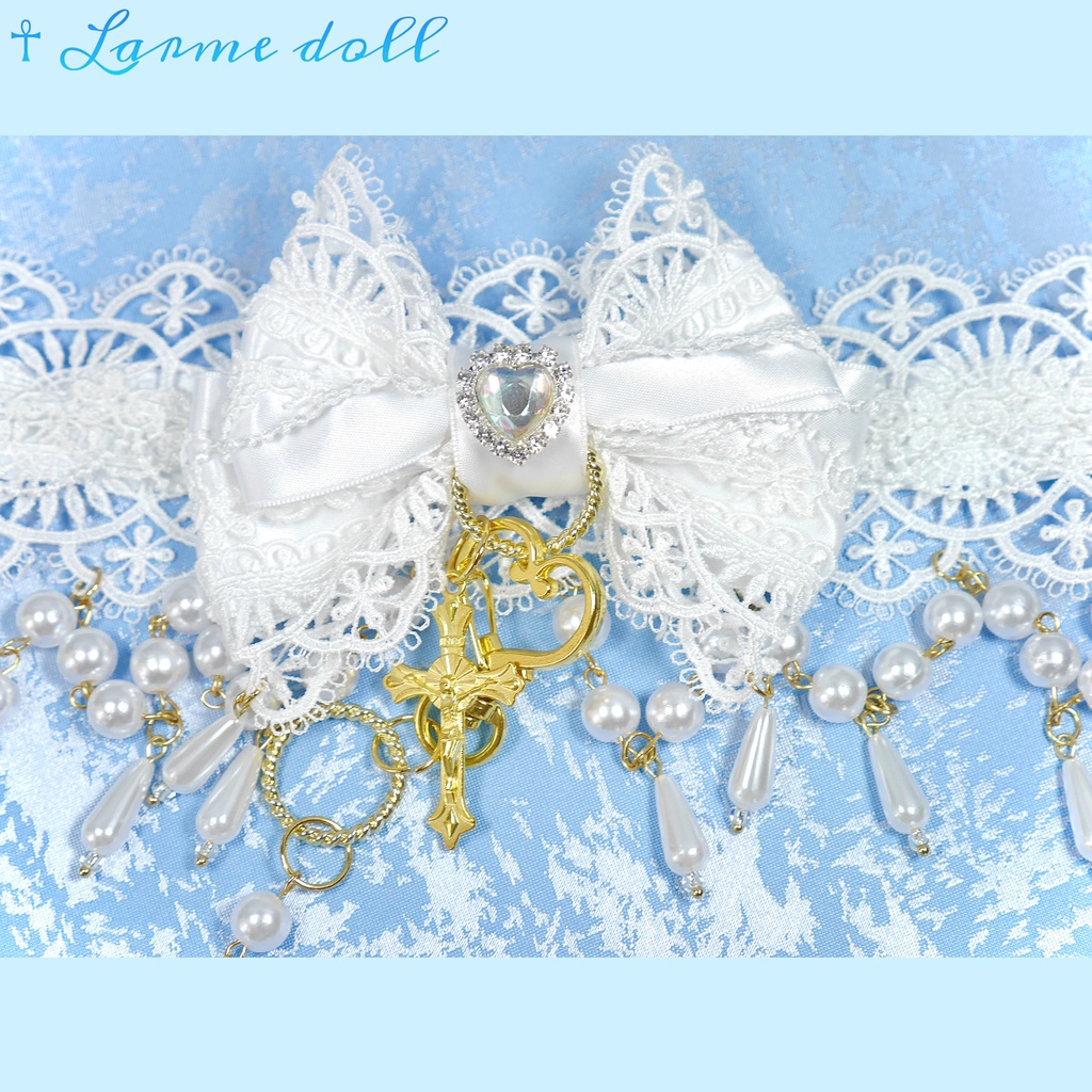 【受注生産】《☥》ロリィタリボンチョーカー リード有無変更可能 (アクリル製丸パールビーズタイプ)(カラー▷白)