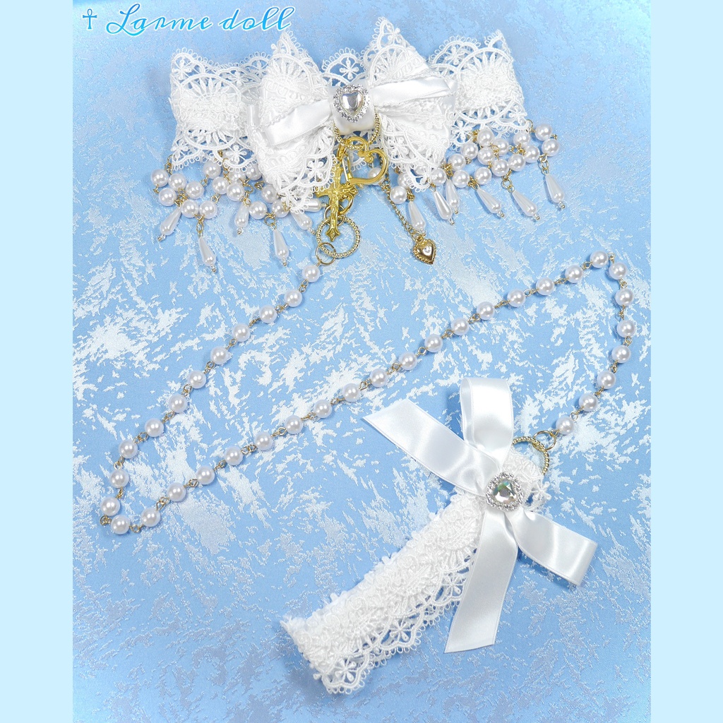 【受注生産】《☥》ロリィタリボンチョーカー リード有無変更可能 (アクリル製丸パールビーズタイプ)(カラー▷白)